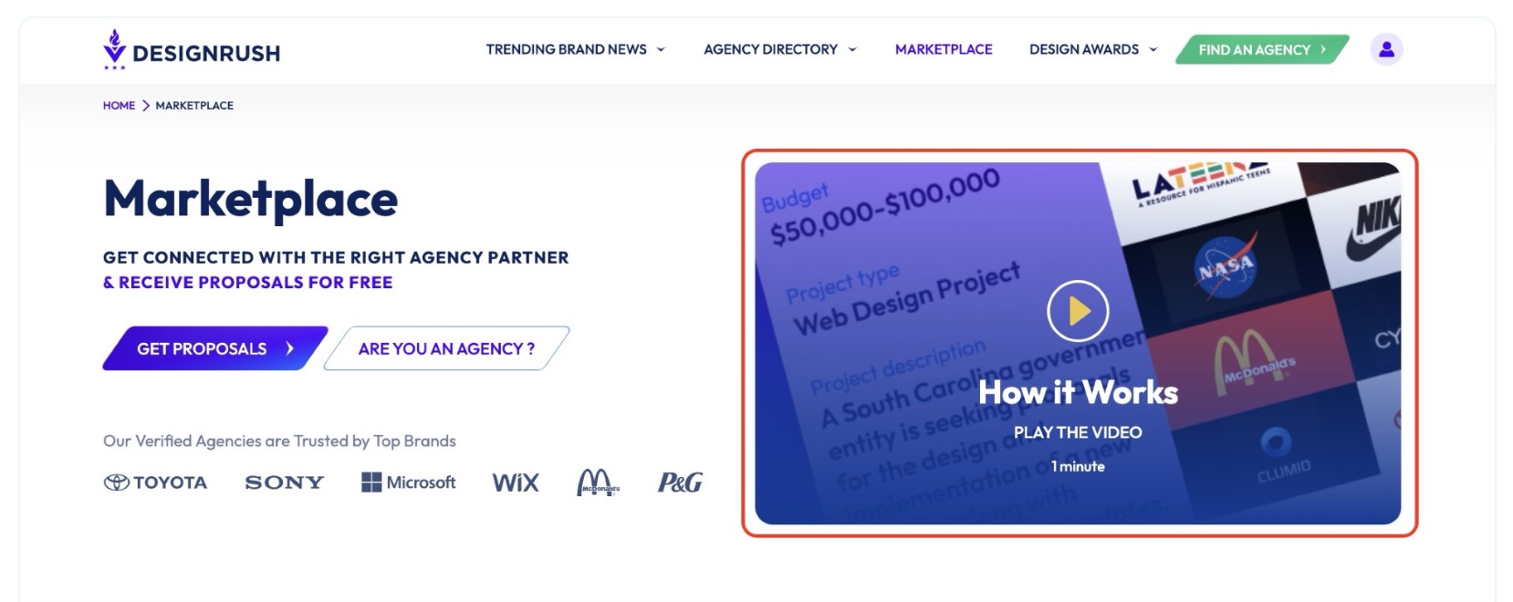 The /marketplace page, with the embedded How It Works video outlined in red